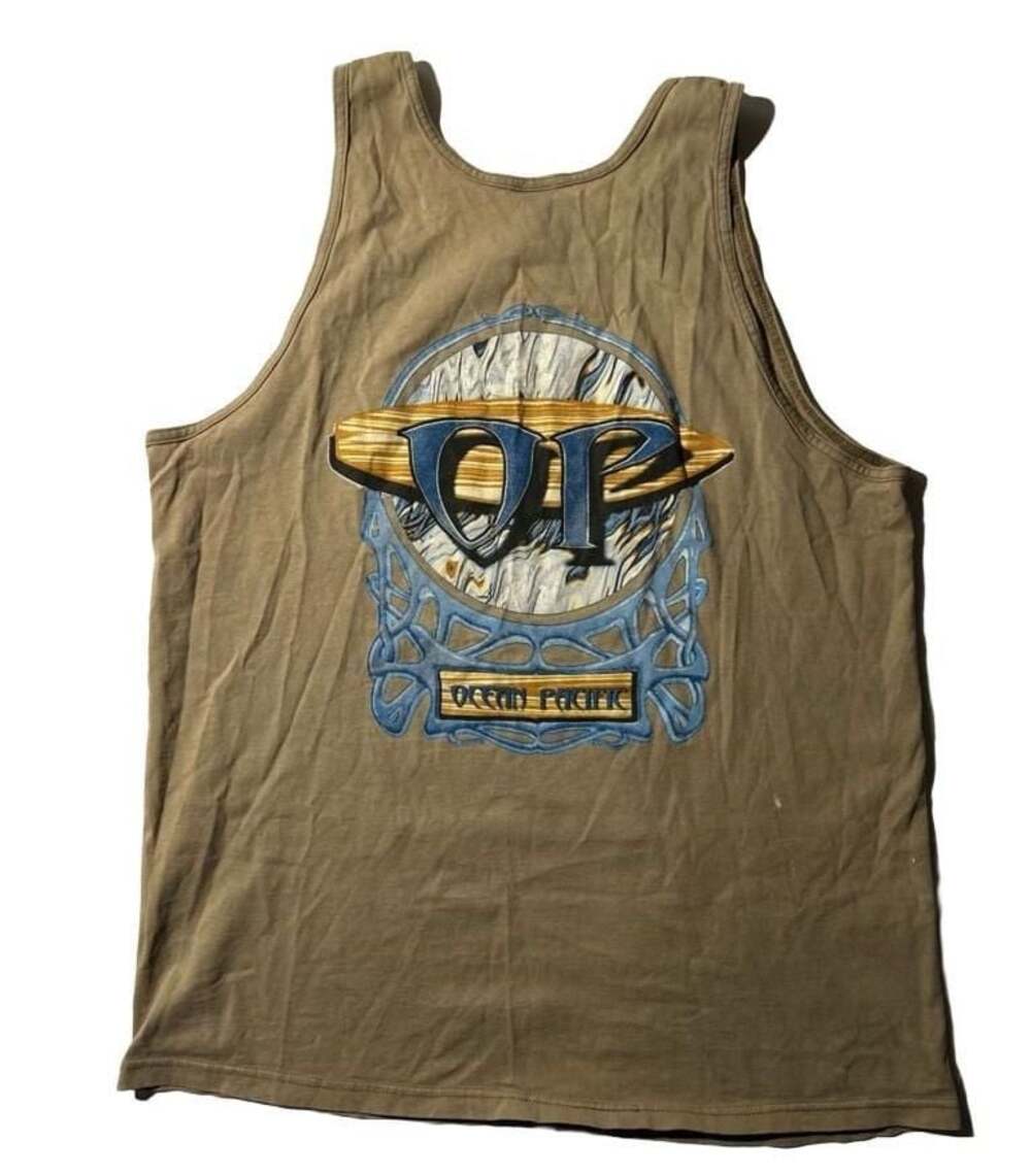VTG 1980s Ocean Pacific OP Surfboard Graphic Tank Top Brown Men's Size L